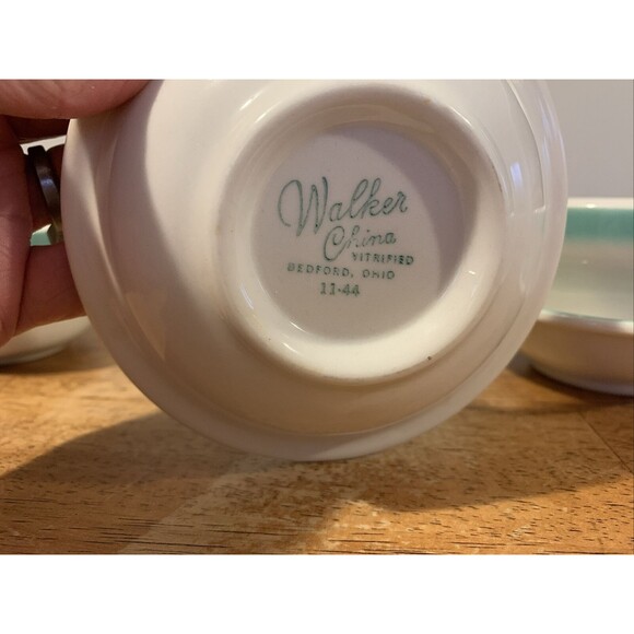Walker China Bedford Ohio Vitrified Wide Green Rim Snack Plate Bowl Set 11-40/44 - Picture 3 of 7